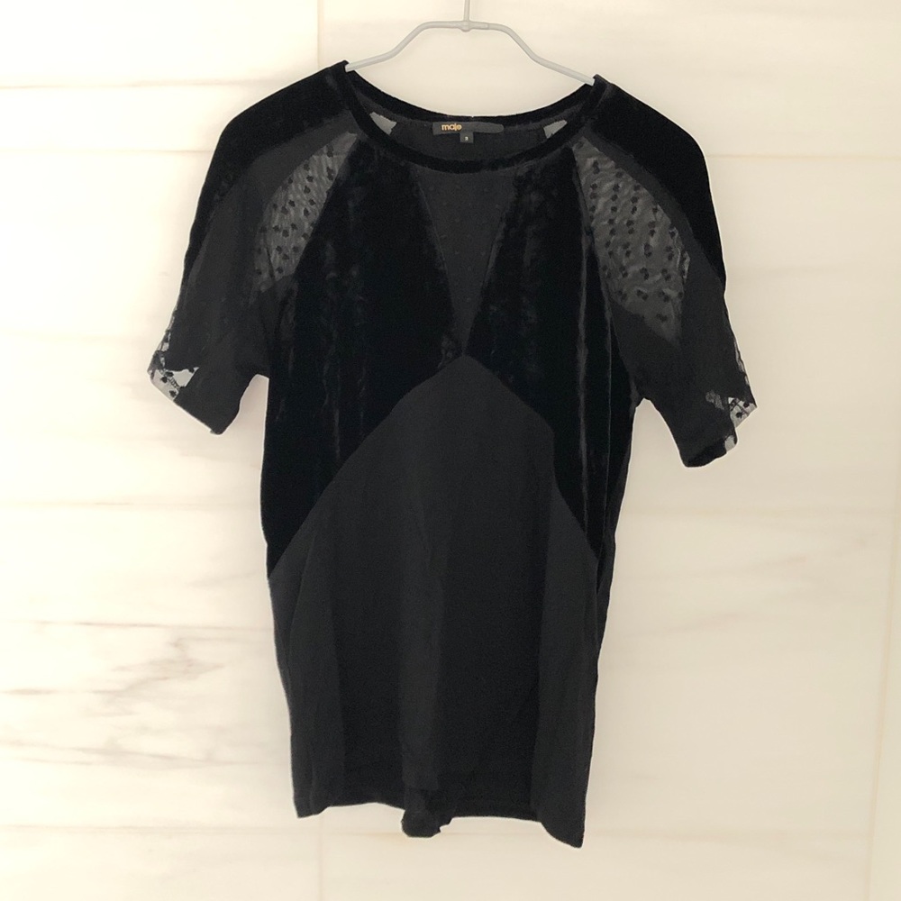 Maje Velvet and Mesh Dot Short Sleeve Top - Picture 1 of 6